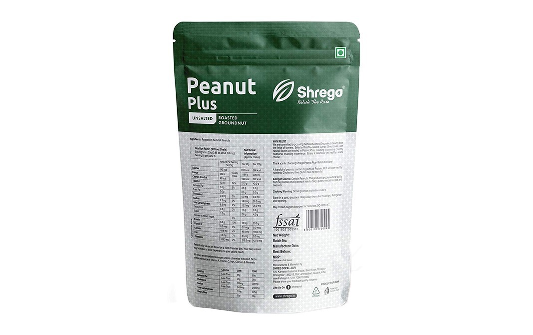 Shrego Peanut Plus Roasted Groundnut Unsalted   Pack  250 grams